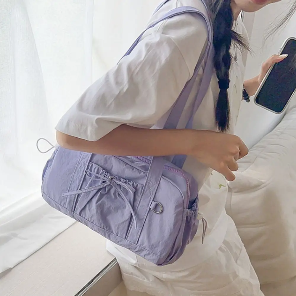 

Korean Style Bow Nylon Shoulder Bag Women Handbag Large Capacity Boston Bag Tote Bag Solid Color Travel Luggage Bag Swimming