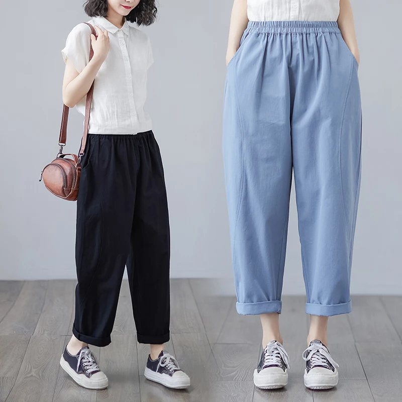 Artistieke Hoge Taille Harlan Broek Vrouwen Zomer Afslanken Casual Grote Maat Losse Veelzijdige Negen Punten Rutabaga Broek Dun Model