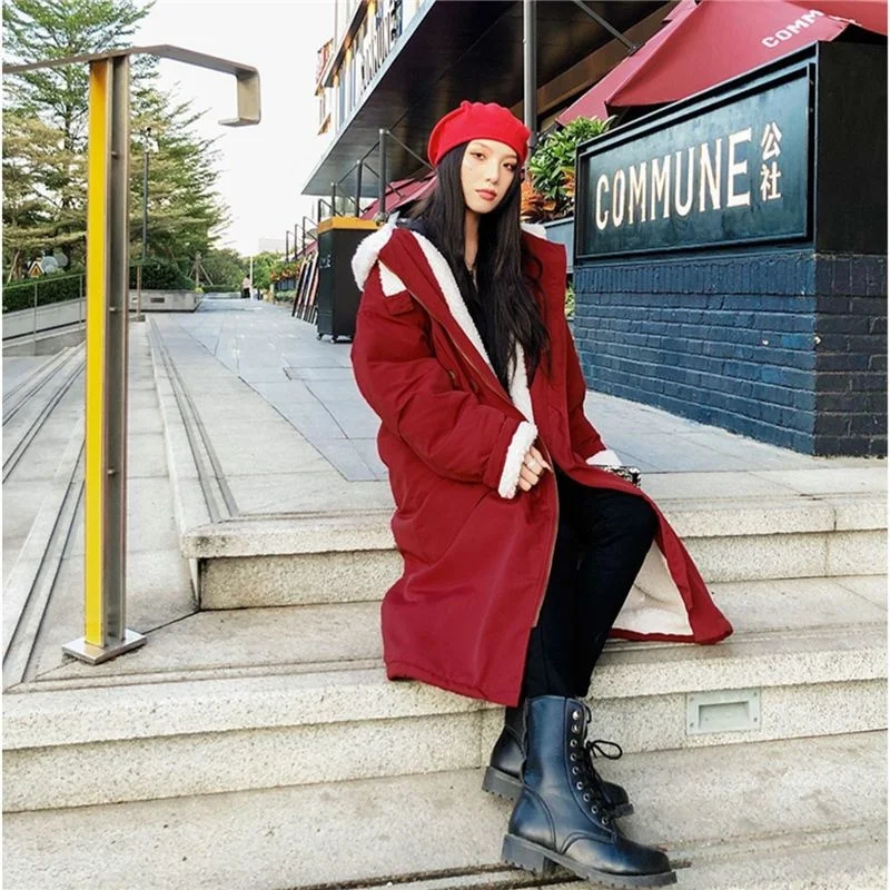 Winter Women\'s Lamb Wool Coat Hooded Long Loose Female Outwear Casual Plush Thick Warm Fashion Parkas Coat