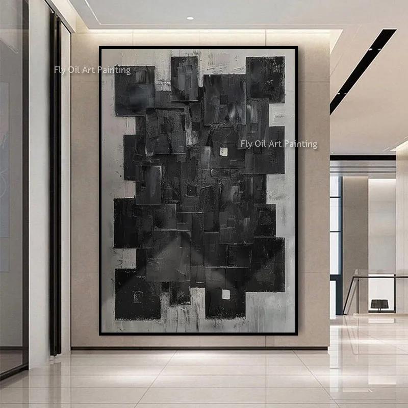 Original Handmade Thick Texture Oil Painting, Monochrome Overlapping Square Palette Knife Canvas Wall Artwork