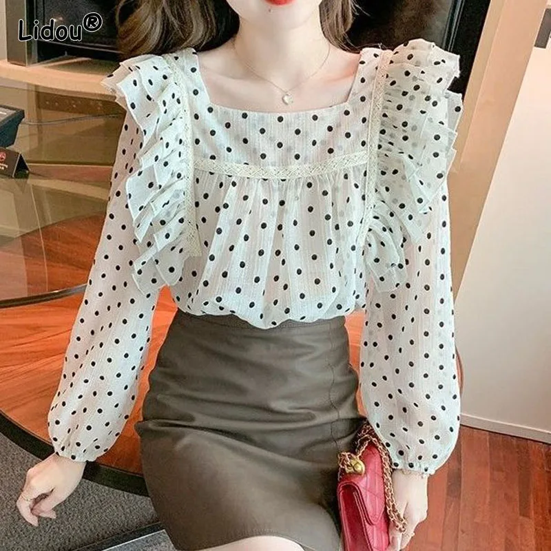 Babados gola quadrada solto retalhos primavera verão senhoras blusa coreano polka dot impressão manga puff fina roupas graça chiffon