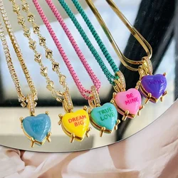 Colorful Heart Pendant Trendy English Words Resin Love Heart Zircon Charm Clavicle Chains Necklace for Women Y2K Fashion Jewelry