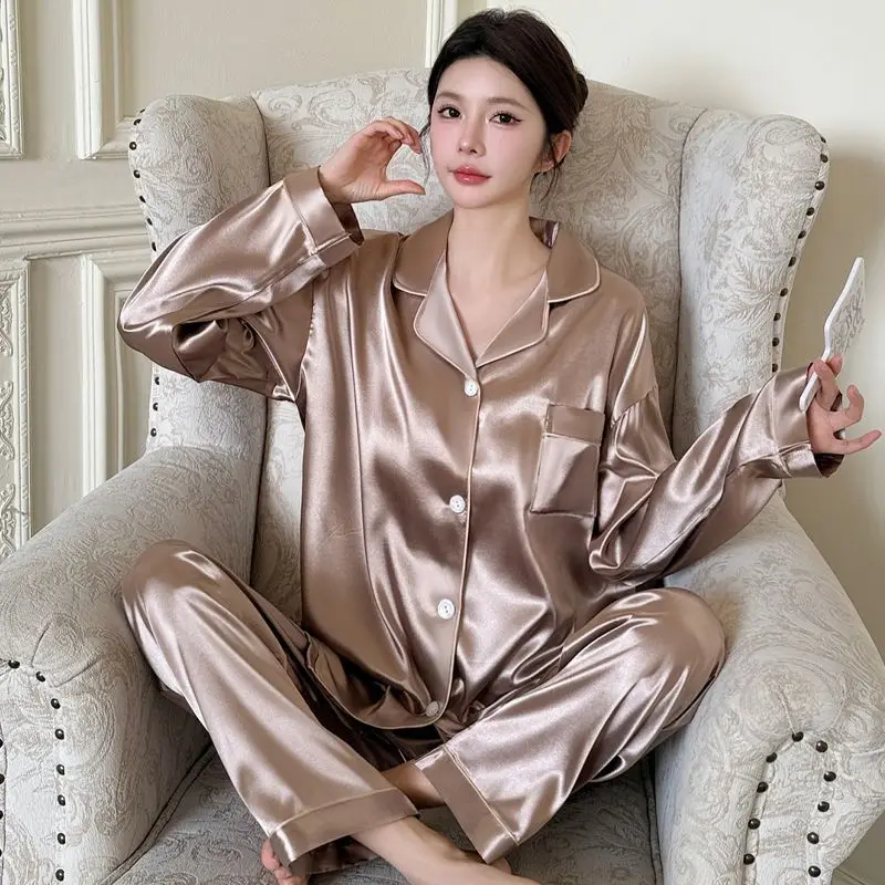 Hot Women's Ice Silk Pajamas Set Long Sleeve Pants Sleepwear Spring Pyjamas Sexys Nightgown Ladies Pyjamas Home Clothing 2 Piece