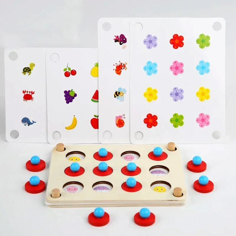 3D Wooden Puzzle Board with 4 Pcs Cards Preschool Kids Cognition Fruit Animals Matching Memory Game Montessori Educational Toy