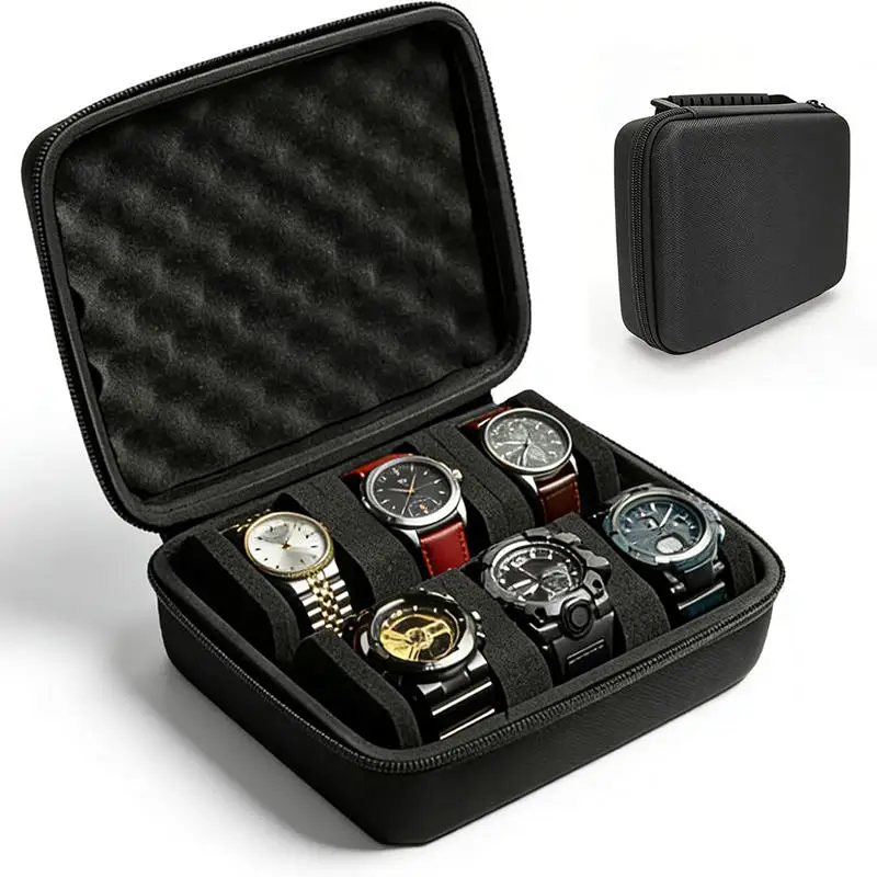 1pc 6-Slot Watch Case | Hard Shell Travel Organizer with Pillow Insert - Gift Ready (Black),suitable for smart watch storage