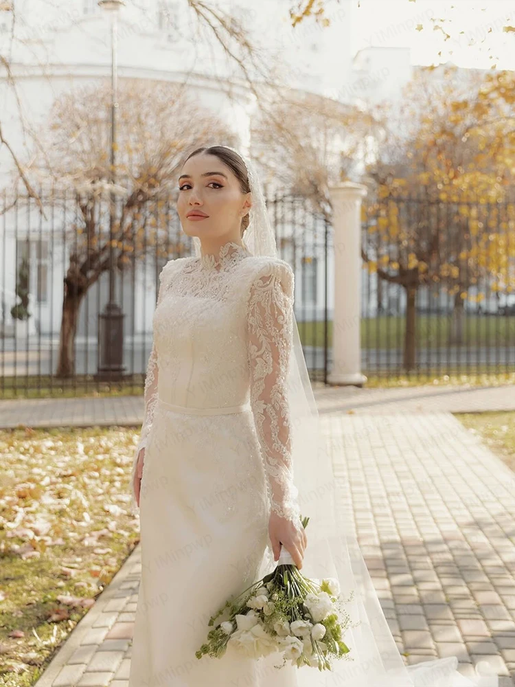 Elegant Wedding Dresses High Neck Lace Long Sleeves Bride Dress Mermaid Sequined Satin Bridal Gown Customized  Vestidos De Novia