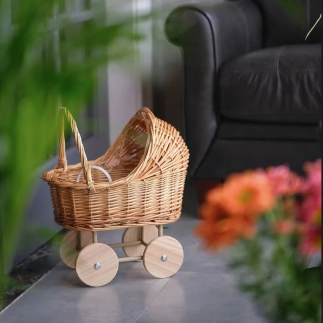 New High-end Baby Stroller Willow Woven Basket Flower Basket Flower House Flower Basket Opening Flower Basket Flower Shop