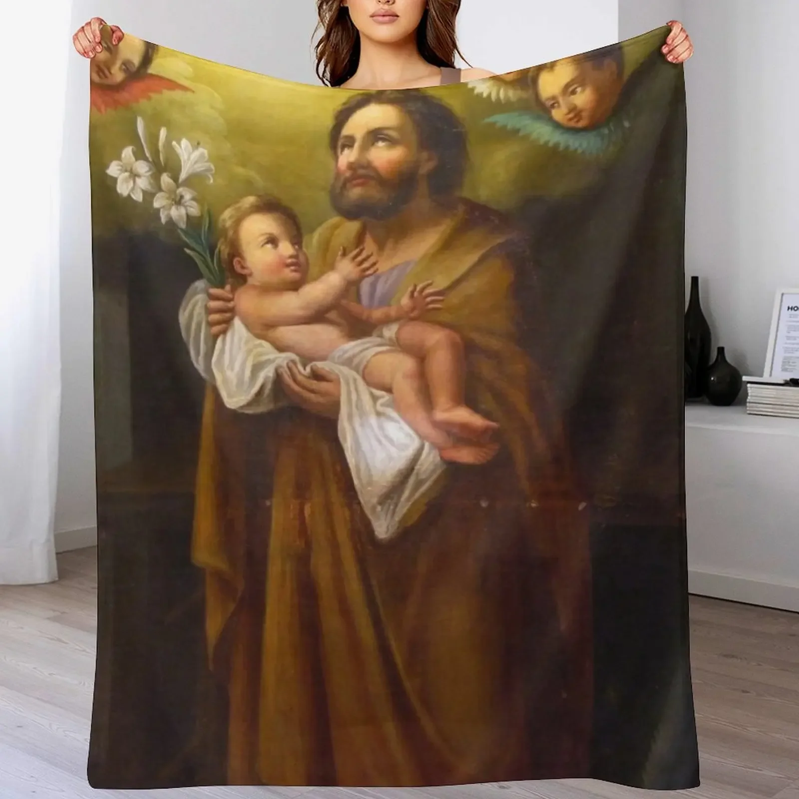 

Saint Joseph with Jesus Christ as a baby, France Throw Blanket Loose Bed Hairys Thins Blankets