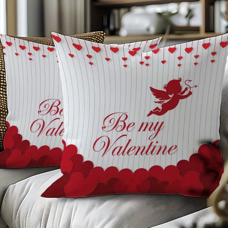 2pcs Valentine's Day Cupid Angel Heart Pillow Covers Romantic Red White Polyester Decorative Pillowcases