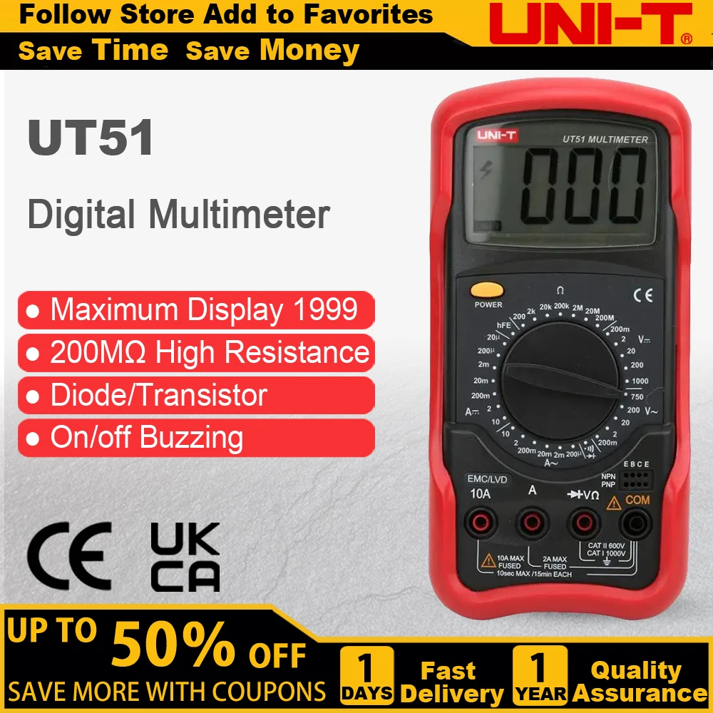 

UNI-T UT51 Digital Multimeter Multi-function Multimeter Unilead High Precision Digital Display Electrical Instrument