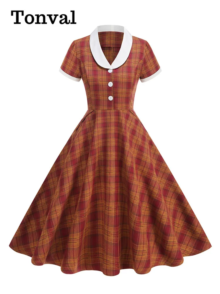 Tonval Schalkragen, Knöpfe vorne, kariert, Rockabilly, lange Kleider, 2025, Herbst-Winter, Taschen, seitlich, elegantes Damen-Swing-Kleid