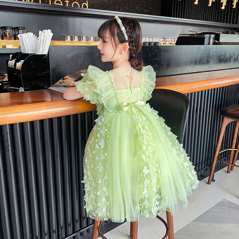 New Summer Dress for Kid Girl Round Collar Green Pink 3D Butterfly  Appliques Short Sleeves Princess Dress Children Clothes E5900 - AliExpress  1501