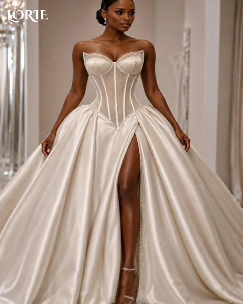 LORIE Vintage Wedding Dresses Sweetheart High SlitShiny Satin A-Line Ivory Bridal Gown Strapless Princess Bride Dress Customized