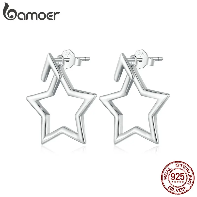 Bamoer 925 Sterling Silver Detachable Star Stud Earrings Pentagram Earrings for Women Original Design Fine Jewelry Gift