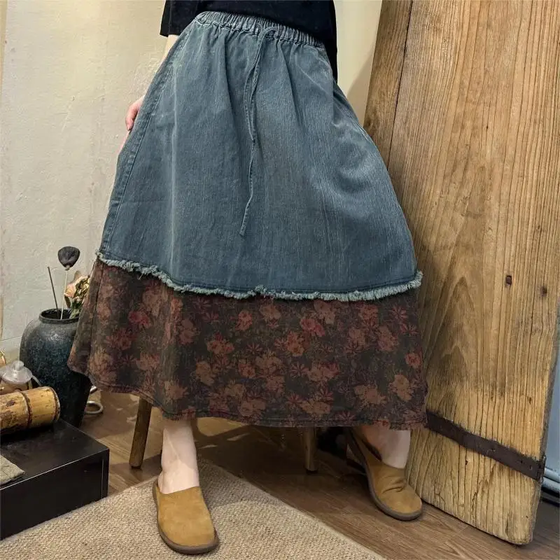 

Spring Summer Arts Style Women Elastic Waist Loose A-line Skirt Vintage Print Patchwork Cotton Denim Long Skirts Good Quality T3
