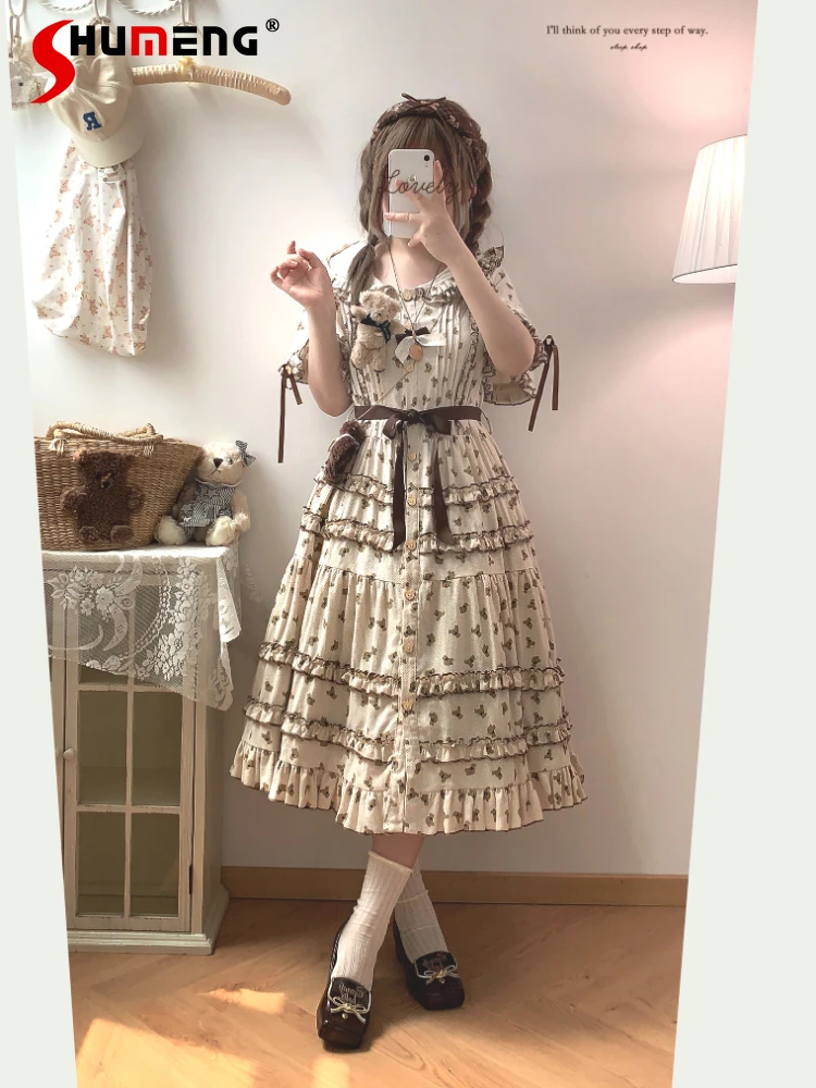 Japanese Style Mori Cute Bear Printed Lace-up Bow Layered Hood Flare Sleeve High Waist A-line Single-Breasted Sweet Dress Women