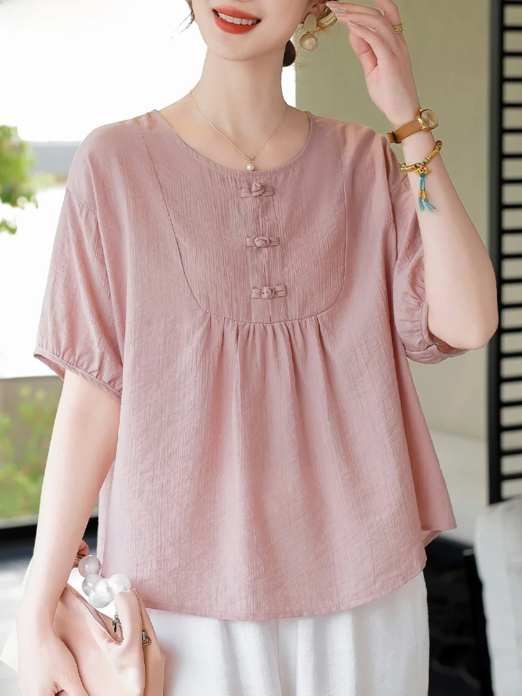 

Faionable Cotton Linen ort Sve T-irt Set for Middle-Aged And ly Women Ele And Sli Women's Top