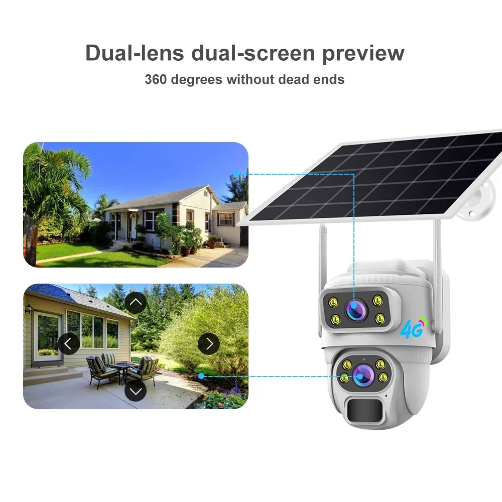 v380 Outdoor Dual Lens Solar Camera 4G Sim Card 4MP WiFi IP Camera Waterproof Solar Panel PTZ Two-Way Audio Cloud Memory Card