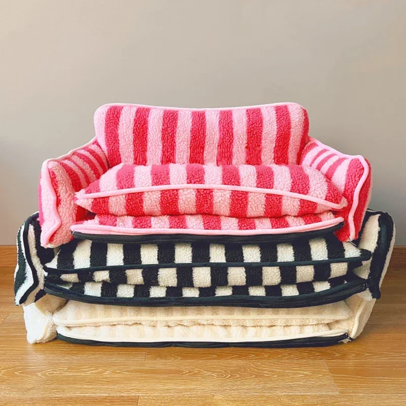 Luxury Dog Sofa Bed Striped Lambswool Double Layer Dog Bed Cat Beds Cat Sofa Dog Products