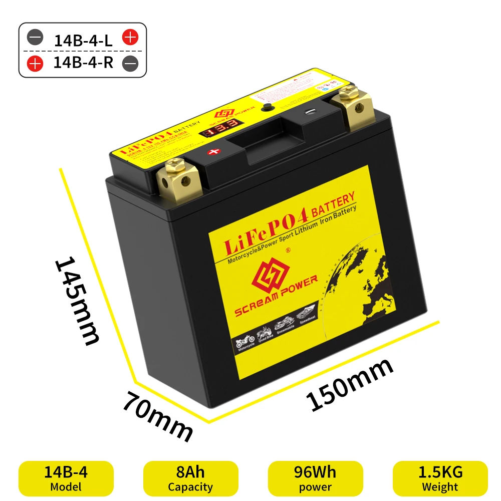 14B-4 LiFePO4 Motorcycle Battery 12V 8Ah ATV Battery Scooter Snowmobile UTV Maintenance Free Sealed Compatible with Honda Suzuki