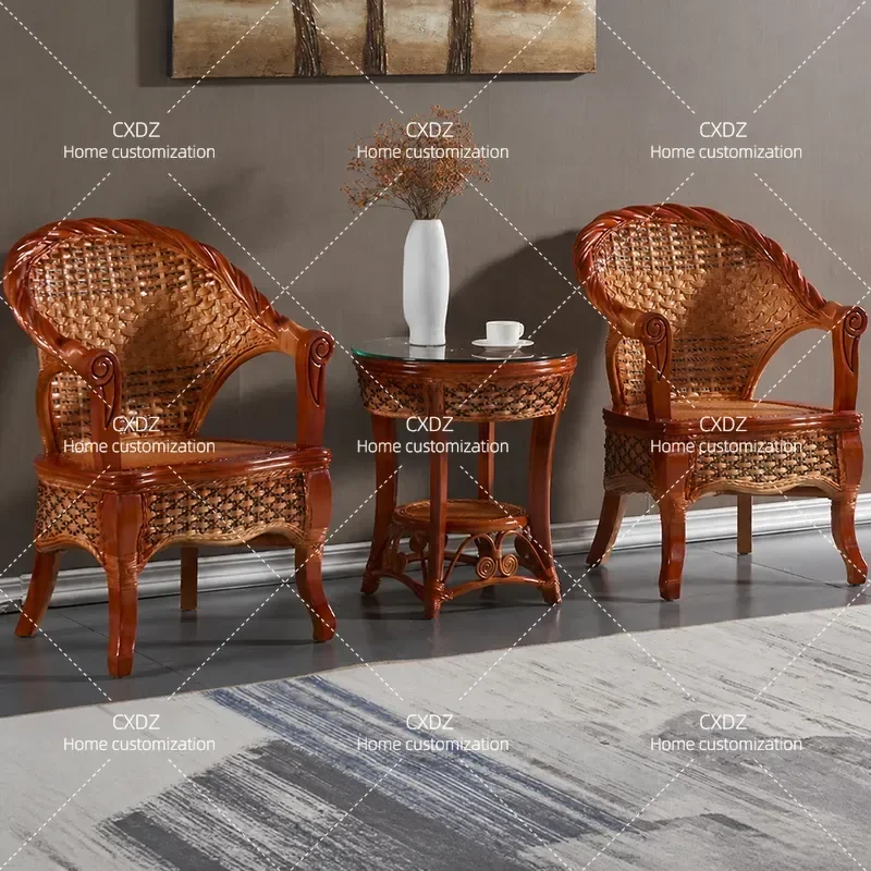 3 Piece Rattan Chair Set Solid Wood Leisure Chair Modern Simple Balcony Furniture Hotel Table and Chair Coffee Table