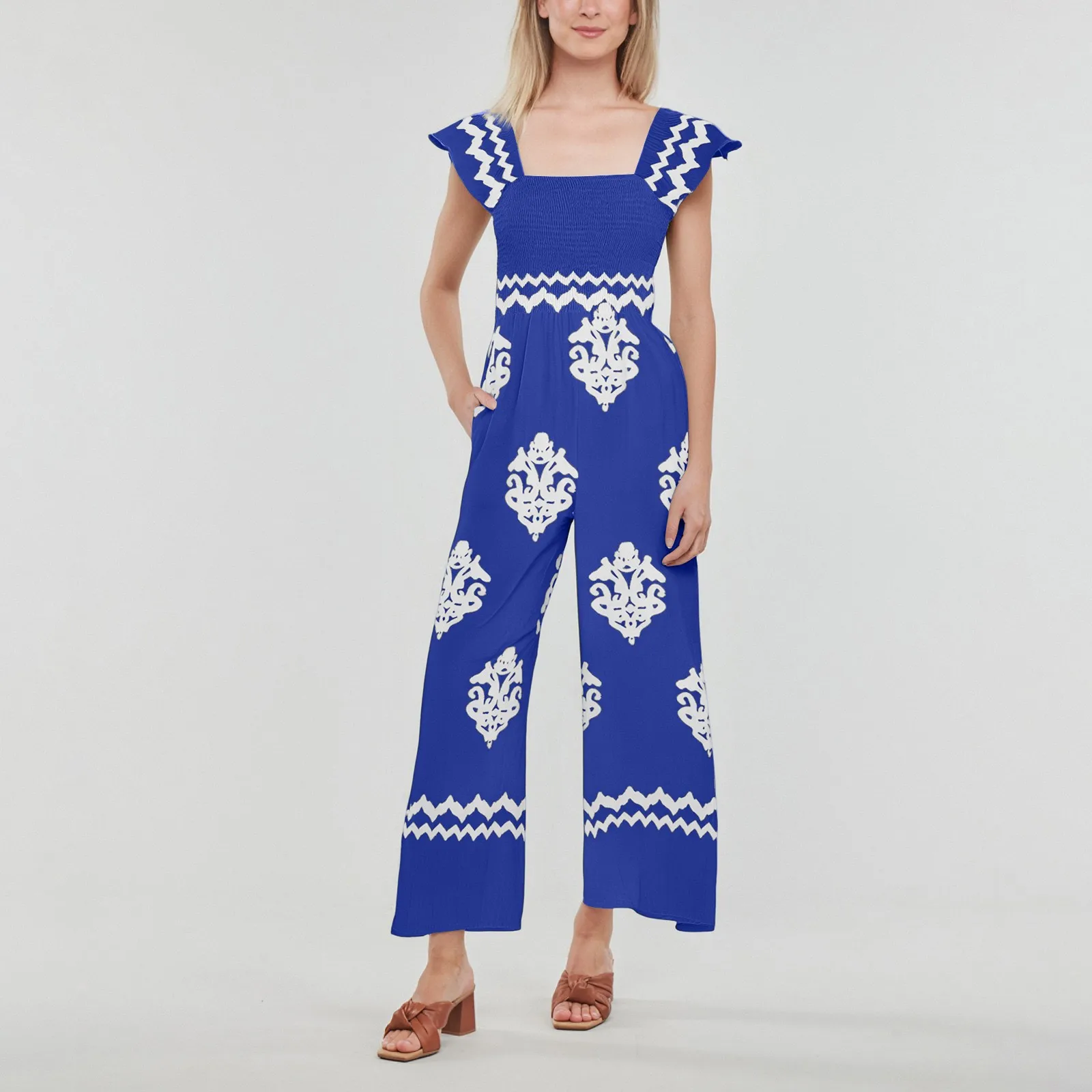 

Women Strap Jumpsuit Fashion Fresh Bohemian Print Casual High Waist Wide Leg Jumpsuit With Pocket Summer Causal Vacation Clothes