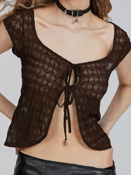 Y2k Women's Mesh Crop Tops Cap Sleeve Sweetheart Neck Tie-up Front Slim Fit T-Shirts Aesthetic Clothes