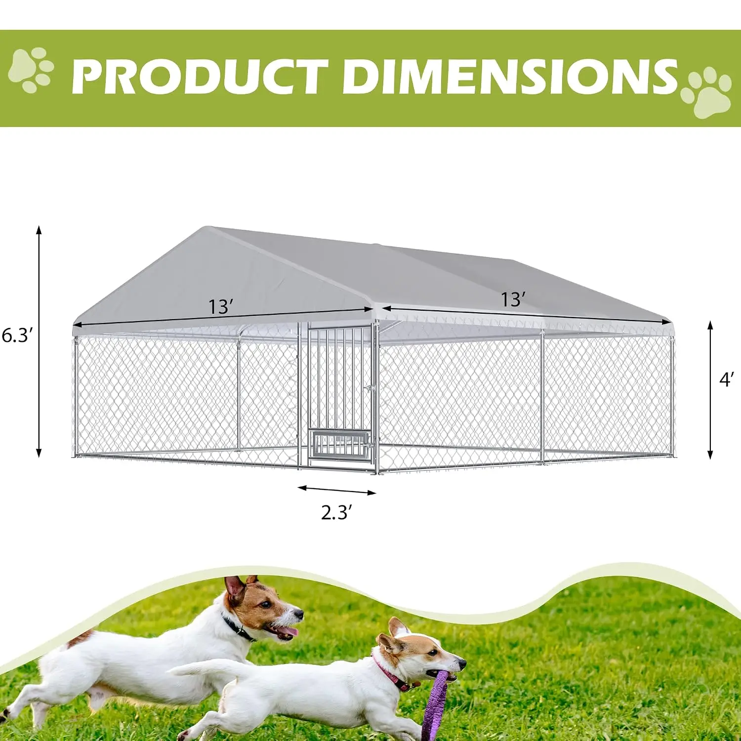 13FT Outdoor Dog Kennel with Roof & Rotated Bowls, Large Pen Enclosure with Secure Lock, Customized