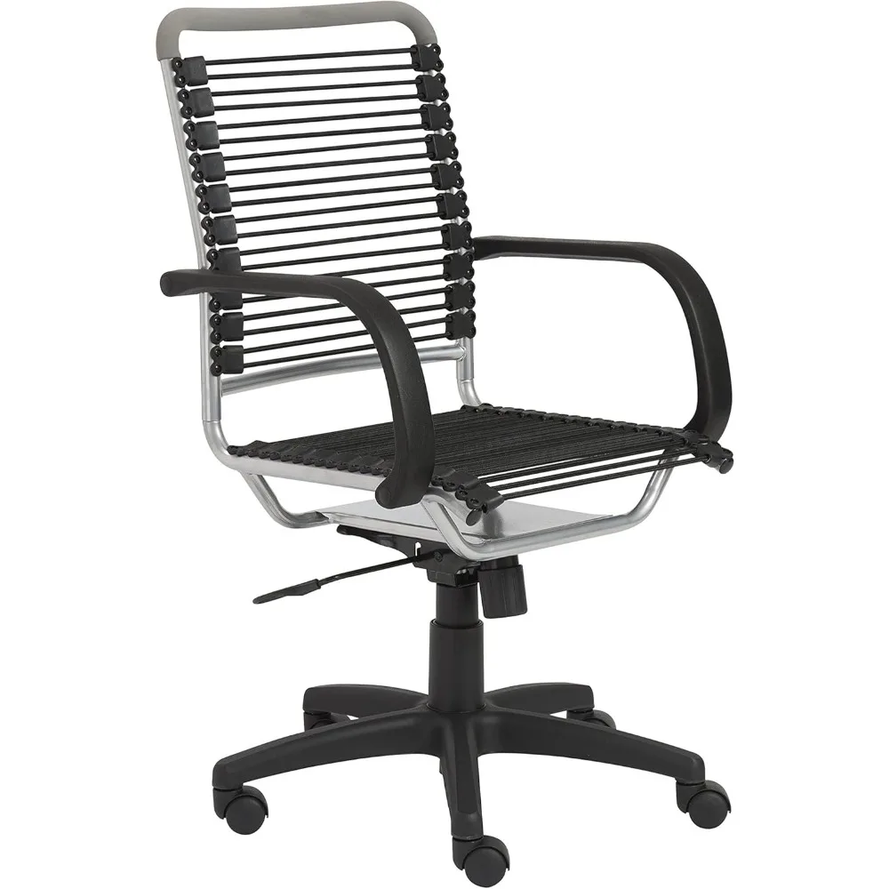 เก้าอี้สำนักงานพนักพิงสูงสีดำพร้อมโครงอะลูมิเนียม ปรับเอียงได้ 360 องศา และปรับความสูงได้