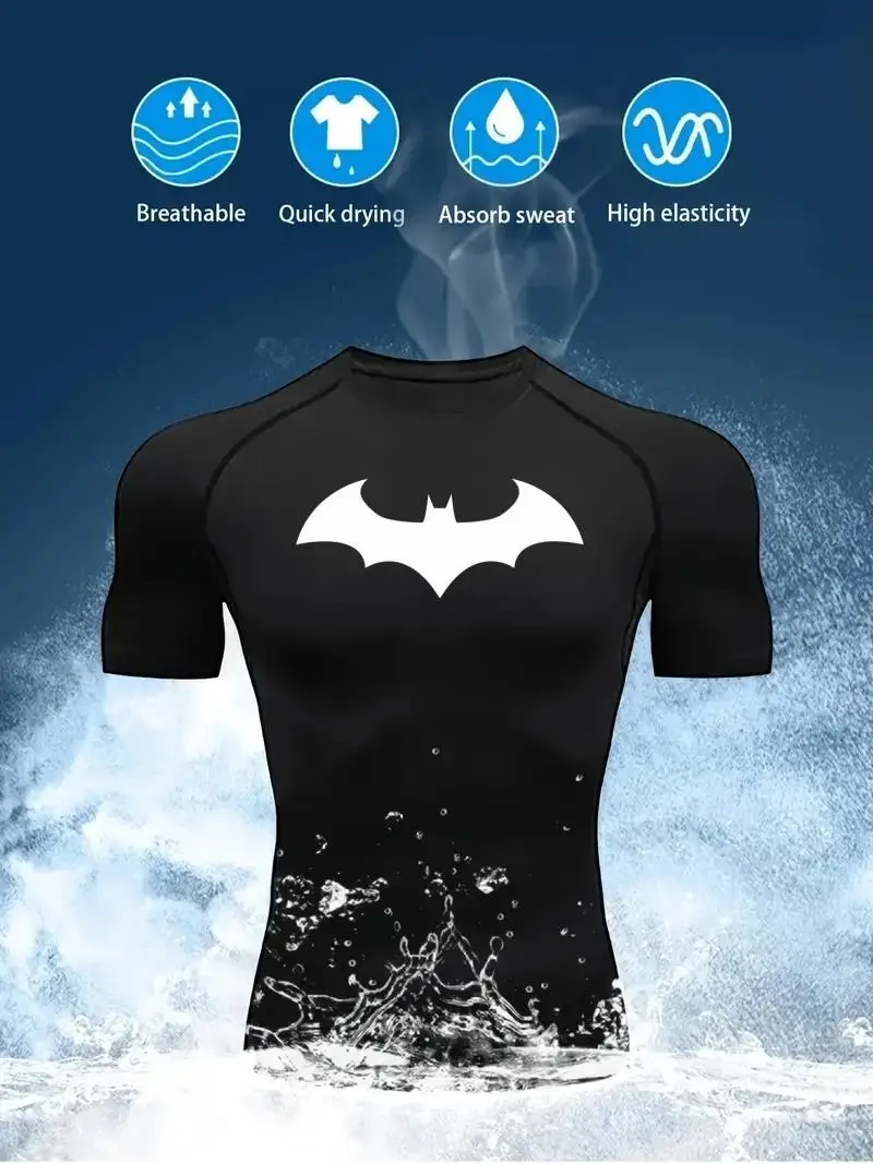Bat Graphic Compression Shirts for Men Short Sleeve Rash Guard Gym Workout Running Tshirt Summer Athletic Quick Dry Tees Tops