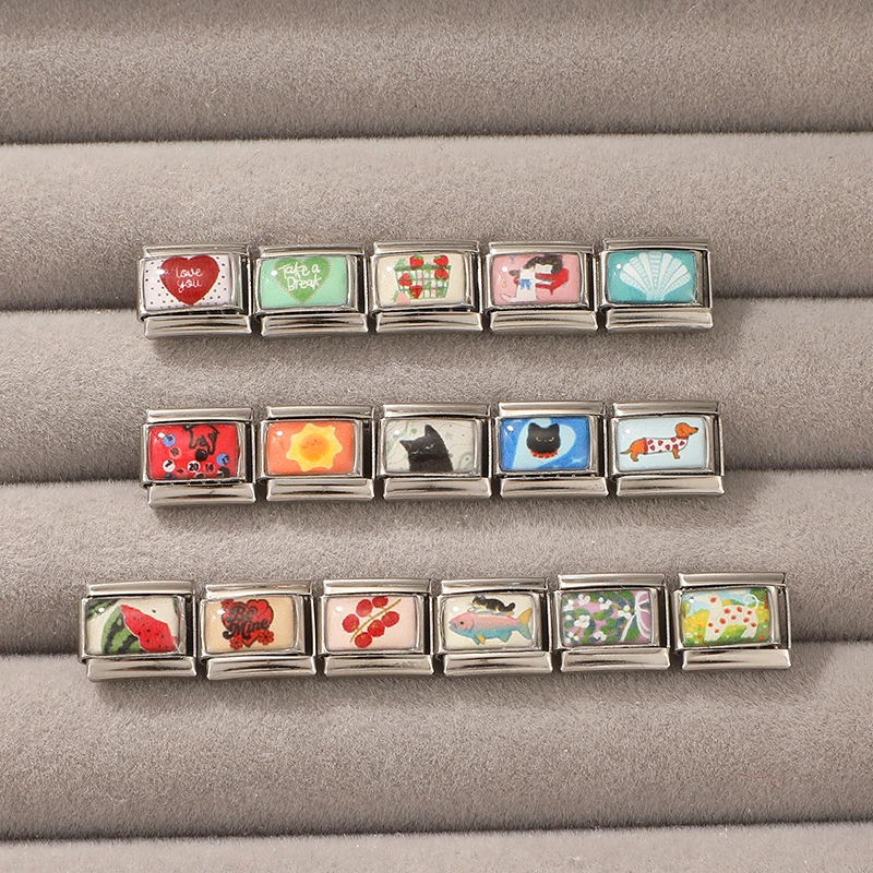 Sweet Strawberries Watermelons Sunflower Shell Lovely Cat Dog Italian Charm Links Fit 9MM Stainless Steel Bracelet DIY Making