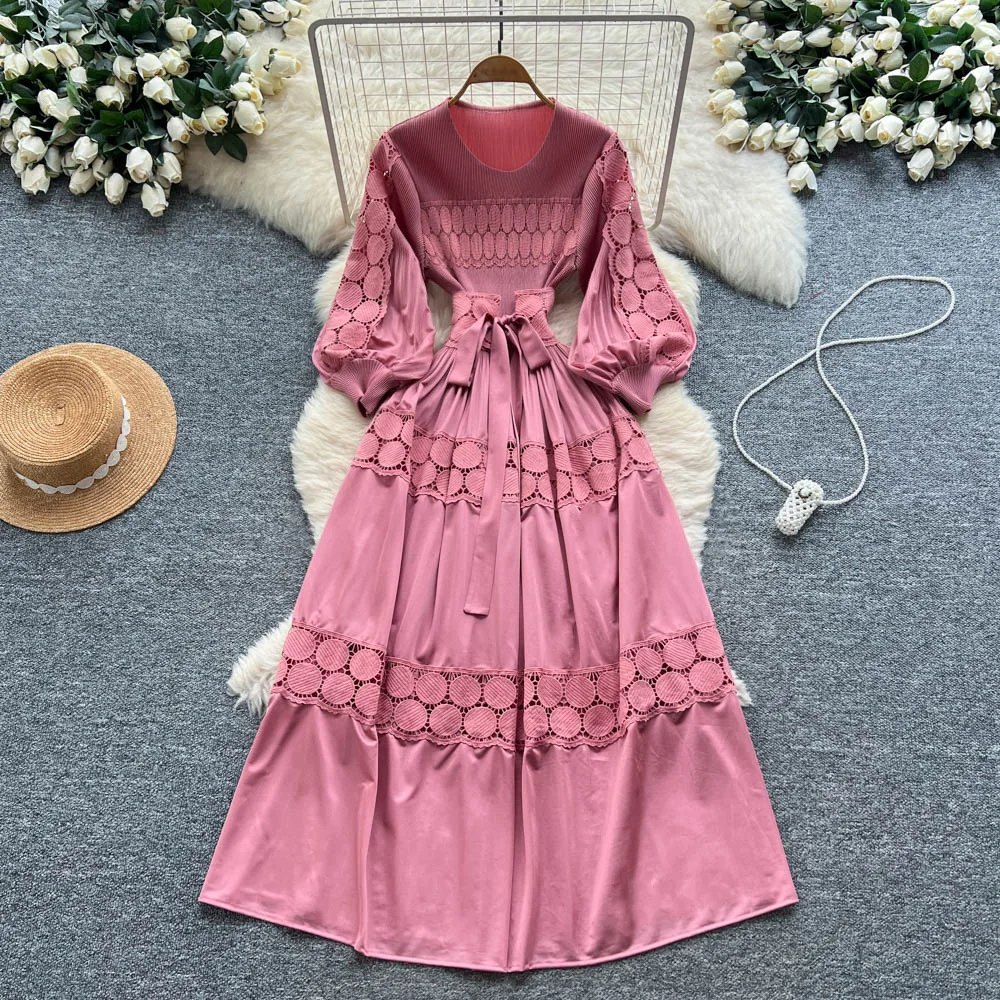 

Long Dress Women Dresses A Line Vestidos Y2k Streetwear Round Neck Lantern Sleeve Elegant Splice Party Night Work High Waist