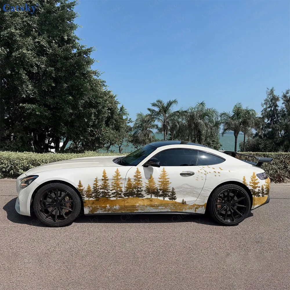 2pcs Gilded Pine Forest & Birds Car Side Wraps, Self-Adhesive PVC Waterproof & Scratch-Resistant Stickers, Car Accessory Gift