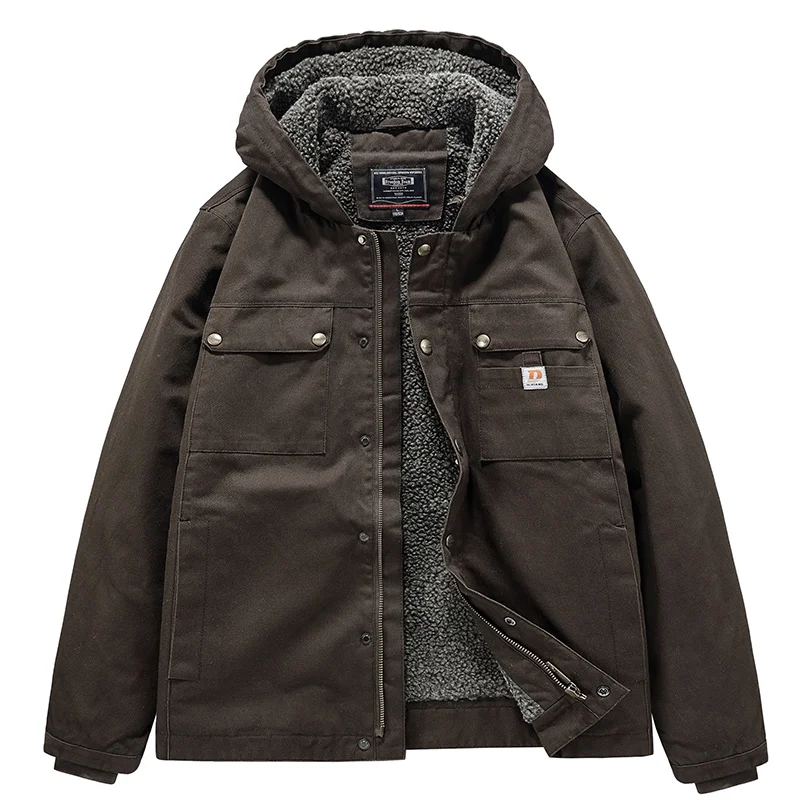 Men's Washed Cotton Hooded Jacket Zip Up Pockets Warm Lined Casual Outdoor Parka For Autumn Winter