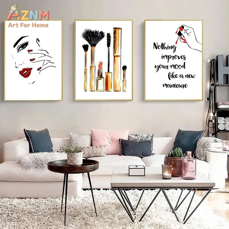 AZNM Fashion Beauty Canvas Wall Art Red Lips Eyelash Nail Polish Woman Line Art Quote Print Unframed Canvas Painting for Nail Sa