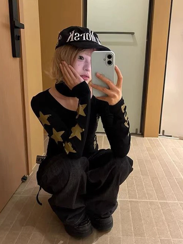 Tonngirls Y2k T-Shirt mit ästhetischem Aufdruck für Damen, langärmelig, unregelmäßige Grafik-Tops, Streetwear, japanische 2000er-Jahre-Vintage-Tops mit Schnürung – Detail 11