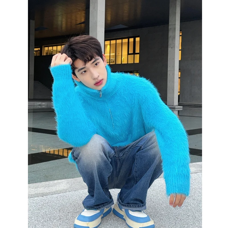 

Мужской зимний вязаный свитер на молнии с высоким воротником, комфортный, свободного кроя, повседневный трикотаж