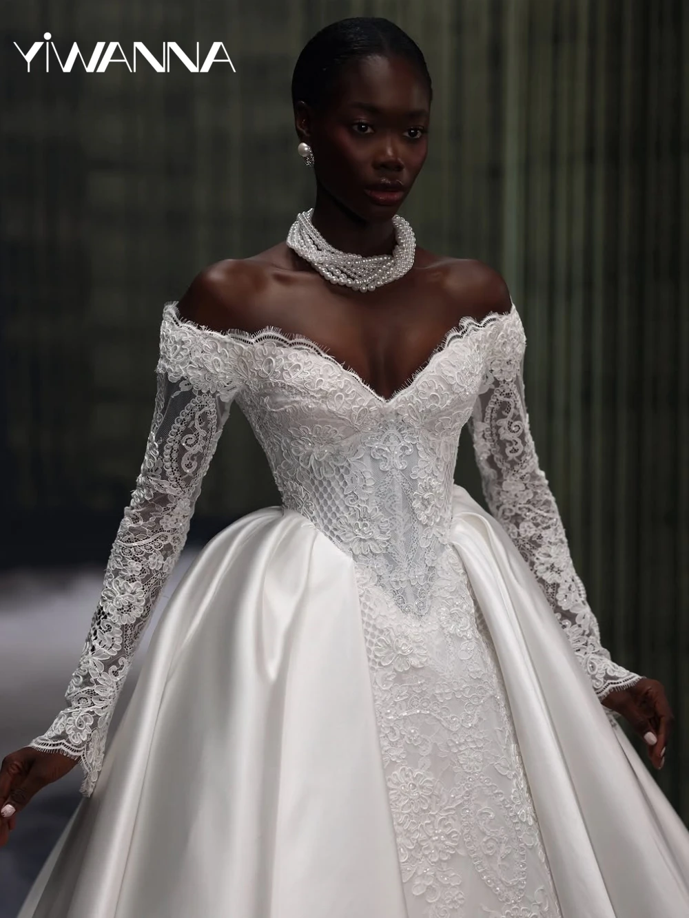 Elegant Sequined Lace Wedding Dress With Detachable Train V-neck Off Shoulder Bridal Gown Customized African Dresses For Bride