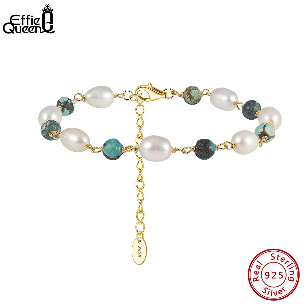 Effie Queen 925 Pure Silver Natural Hubei Turquoise Simple Bracelet Chain Natural Gemstone Pearls Charm Bracelet Bangle MPB15