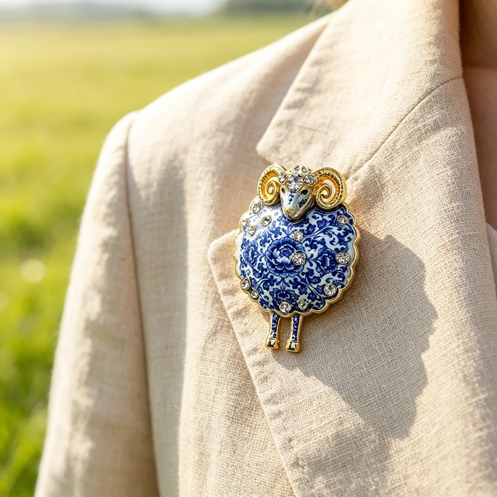 Vintage Blue White Porcelain Sheep Brooch, Aries Animal Lapel Pin, Alloy Rhinestone Brooch Women Clothing Decor Jewelry Gift