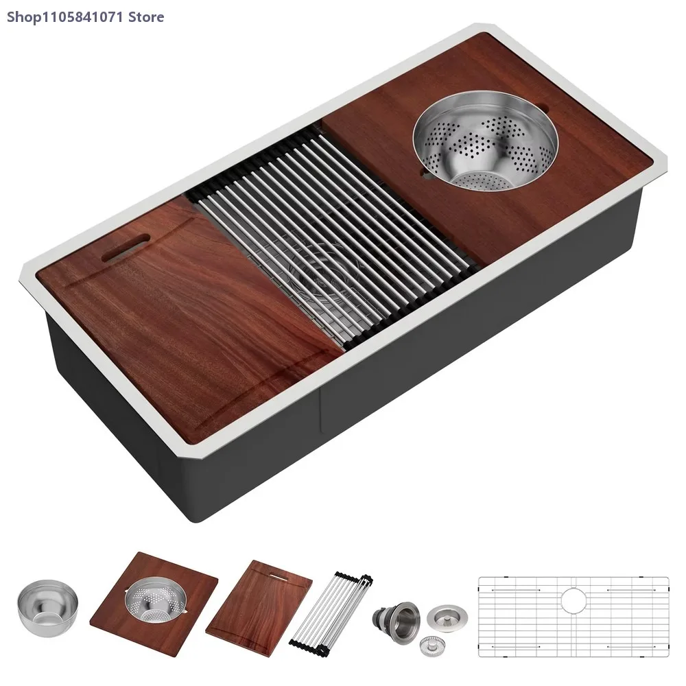 39/42 Inch 16 Gauge Stainless Steel Single Bowl Kitchen Sink with Cutting Board Multifunctional Undermount Workstation Sink