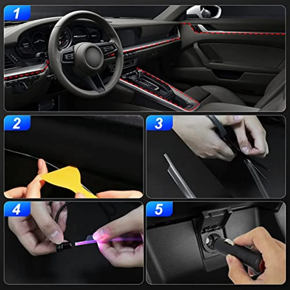 5IN1 6IN1 Neon LED Car Interior Ambient Light Fiber Optic EL Wire Strip Light App USB RGB Auto Accessories LED Decorative Lamp