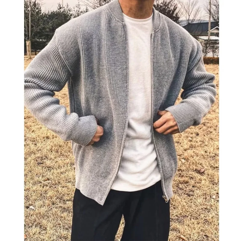 

Spring And Autumn Double Zipper Solid Color Sweater Men'S Simple Korean Version Baseball Collar Cardigan Knitwea