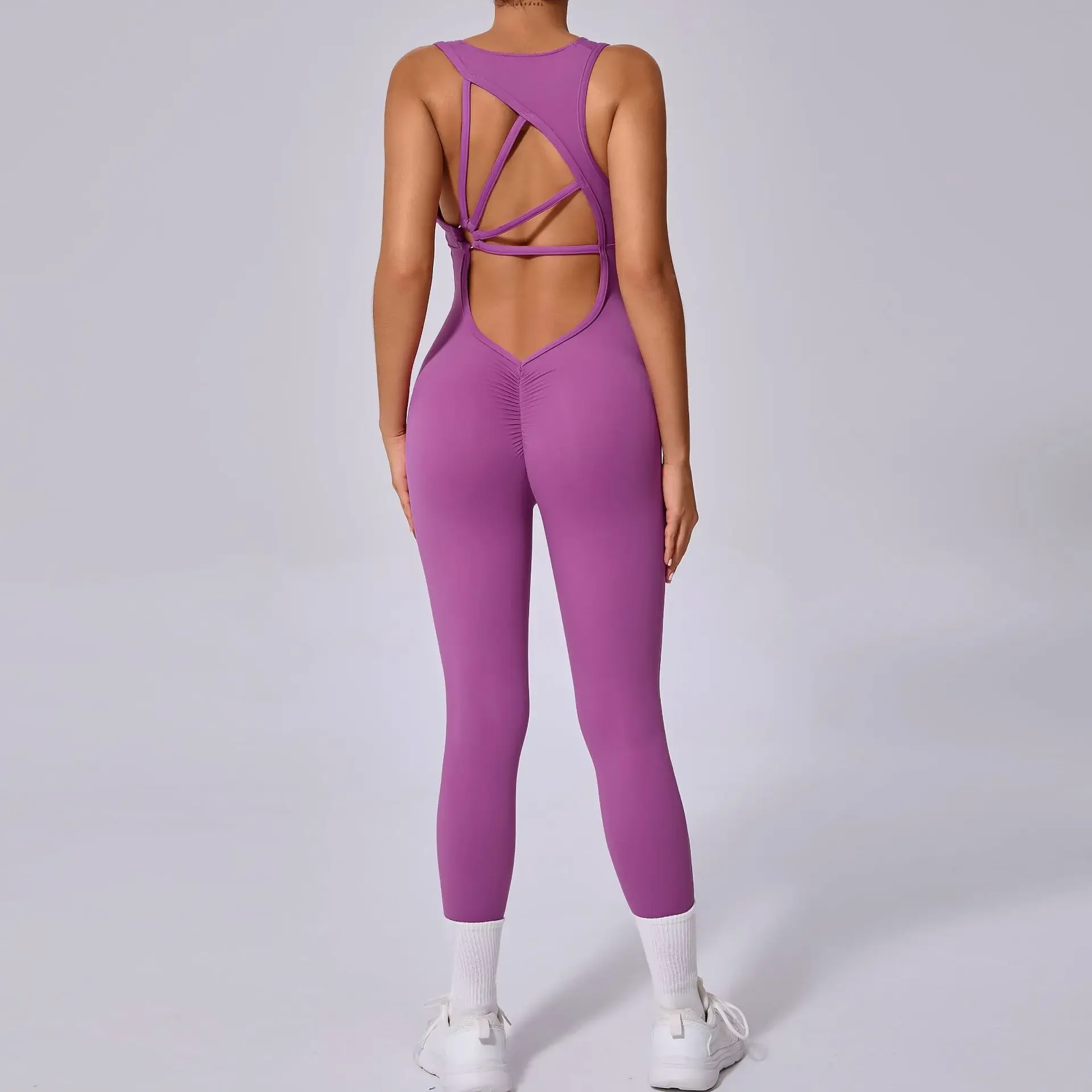 

Seamless Yoga Jumpsuits Sports Fitness Peach Hip-Raise Backless Raise Suit Workout Clothes Gym Leggings Set for Women