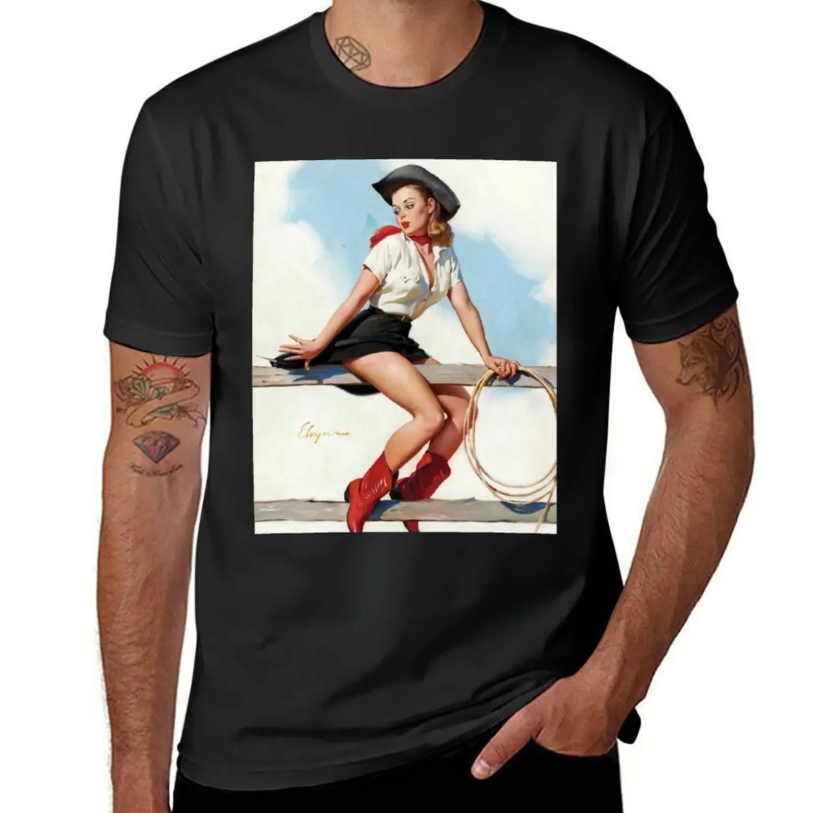 Cowgirl on Fence Vintage Pin Up T-Shirt Short sleeve tee anime stuff mens t shirts