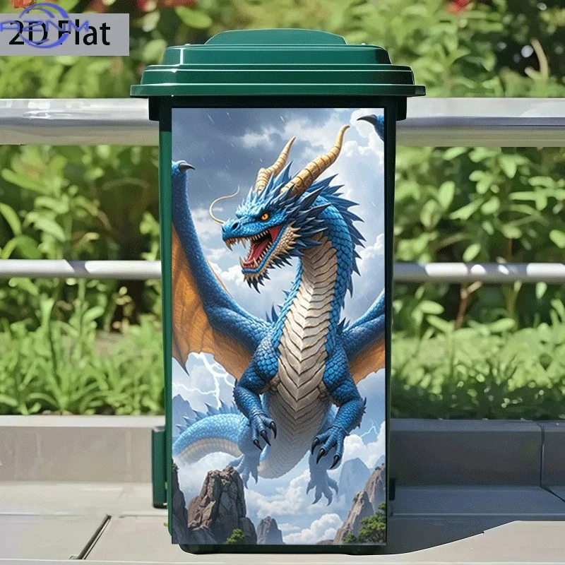 [2D Flat Printing] 1pc Trash Can Sticker [] Roaring Sea Dragon Shaking Heaven Theme Design Self-Adhesive Kitchen Trash Can Dec