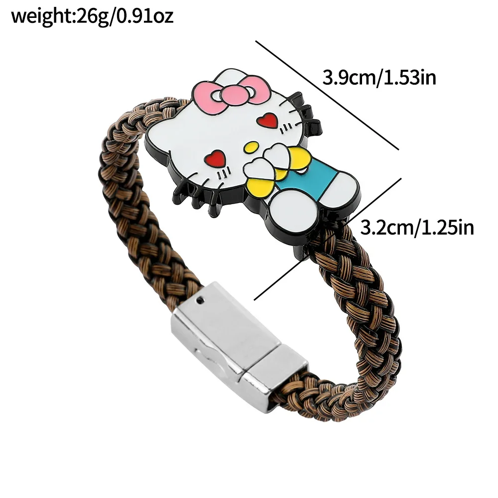 Anime Sanrio Hello Kitty Bracelet Cartoon Figure Kitty Cat Metal Badge Plaited Rope Bangle Kawaii Jewelry Accessories Gifts