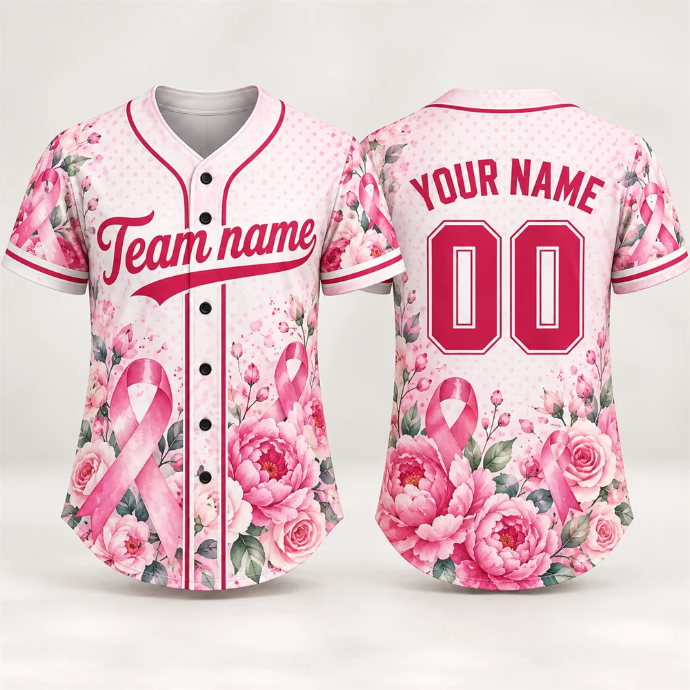 Custom Breast Cancer Awareness Baseball Jersey For Women Women Name Number Pink Ribbon Print Short Sleeve Baseball Shirt Team