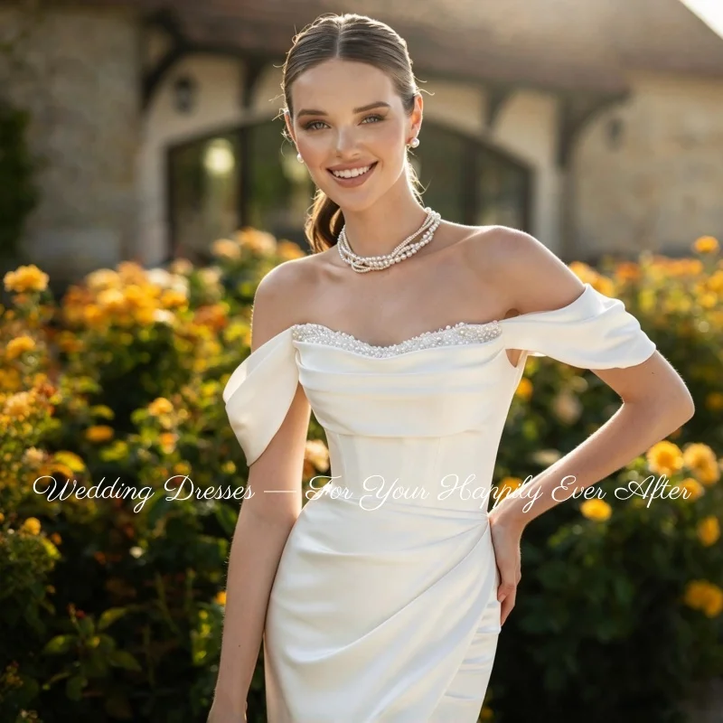 Simple Classic Mermaid Wedding Dress Satin Off Shoulder High Slit Vestidos De Novia Customized