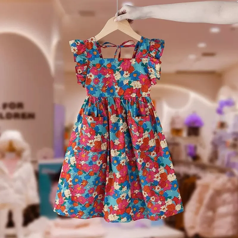 

Girls' Flower Dress Summer Children's Sweet Flounced Sleeve Skirt Children Shirt3-8One-Piece Delivery for Children's Clothing